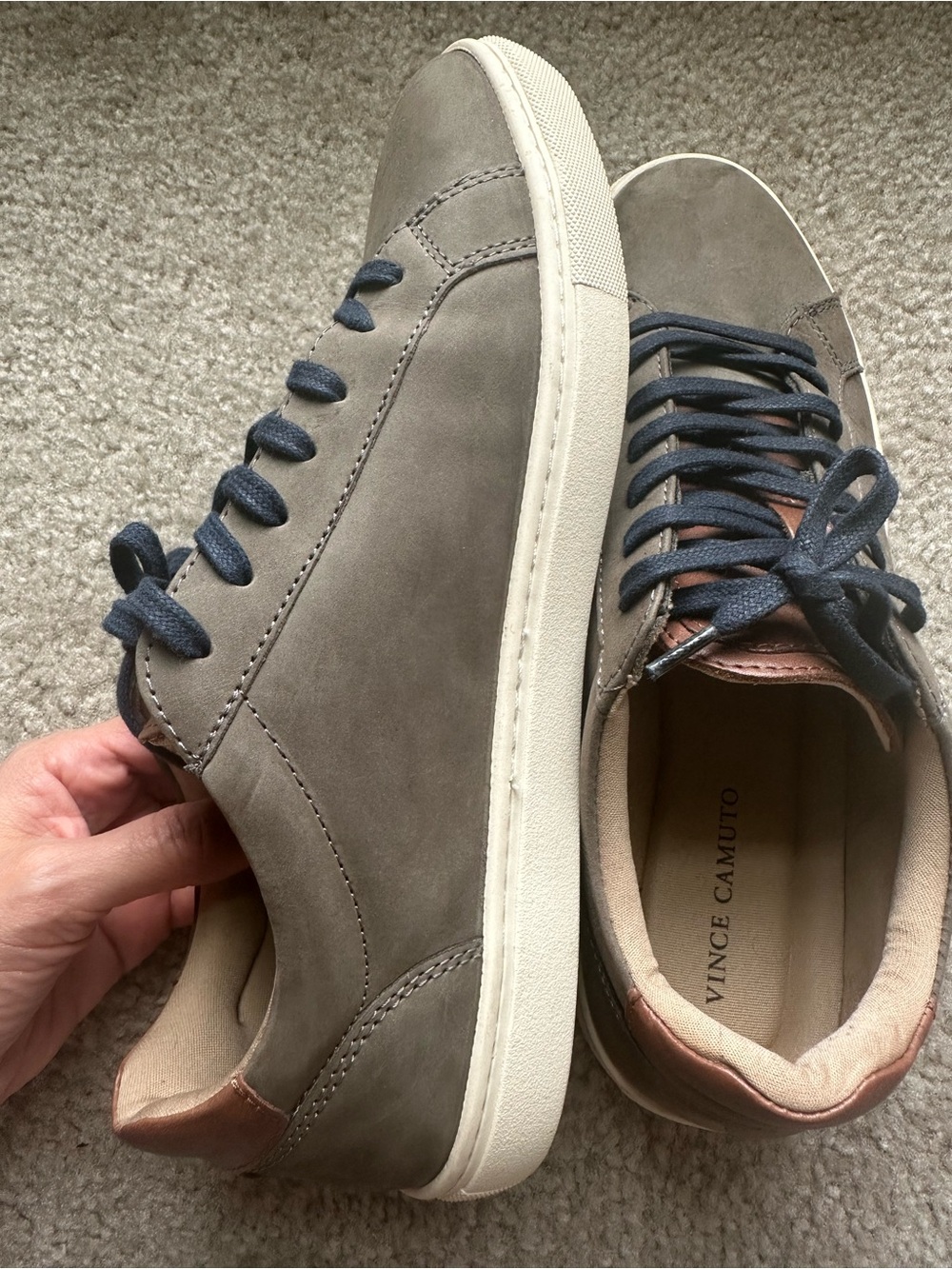 Vince Camuto Gray Leather Low-Top Sneakers with Navy Laces